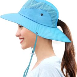 2 Pack Womens Ponytail Sun Hat UV Protection Bucket Hats Foldable Wide Brim Summer Boonie Beach Cap Fishing Hiking. Color Pure Blue

 


