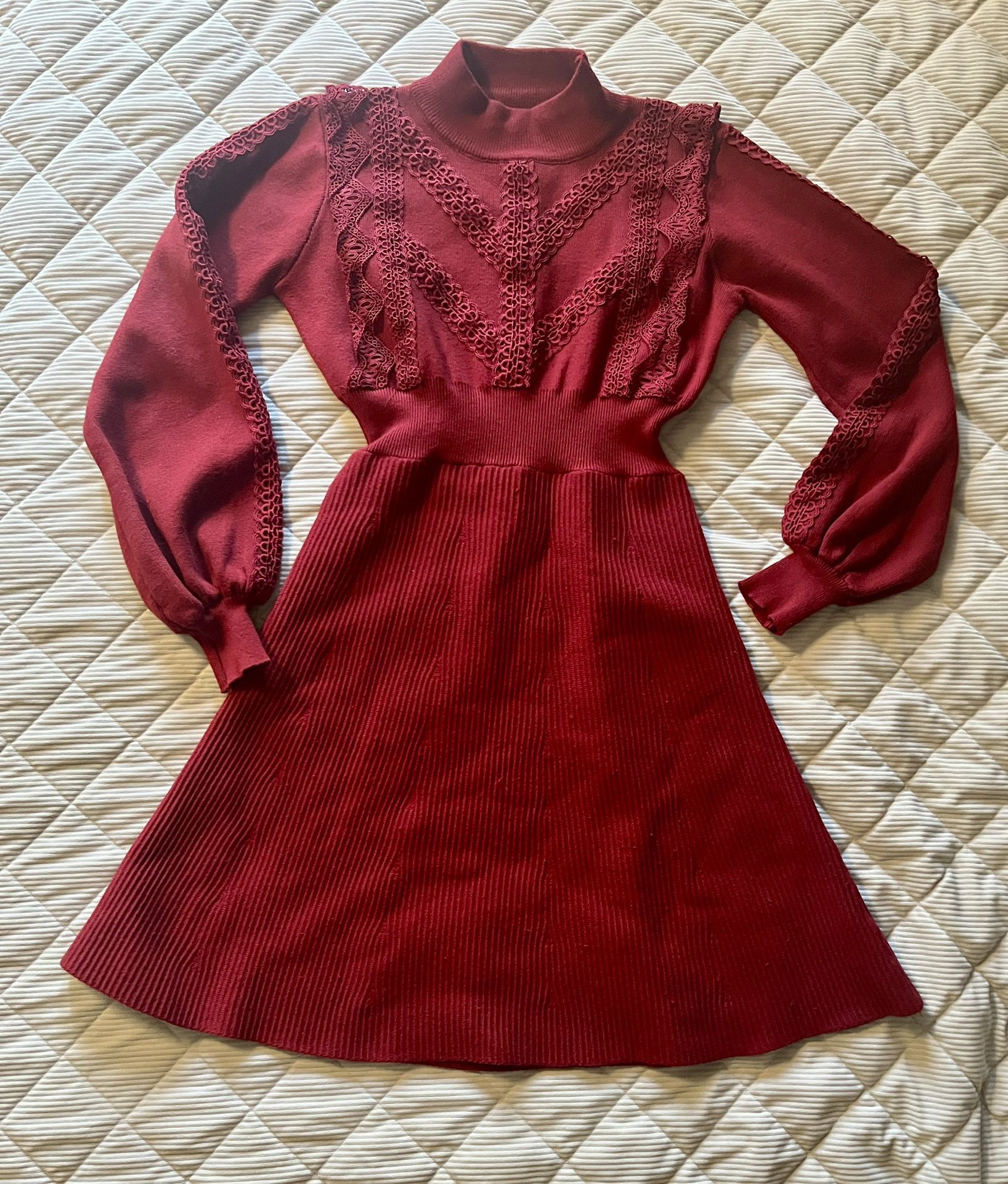 Burgundy Knit Fit & Flareg Dress w/ Lace Sleeves