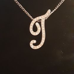 Silvertone CRYSTAL T Pendant Necklace 20"