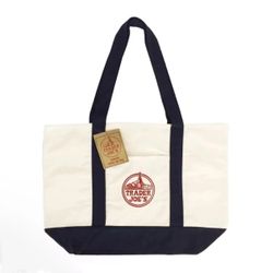 Trader Joe's Canvas Tote Bag, Reusable Heavy Duty Bag Navy Blue White Size Large