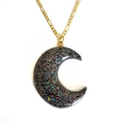 Black silver holo glitter crescent moon orgonite pendant on 20" gold necklace 