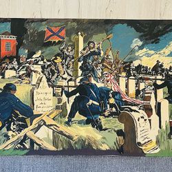 LARGE Civil War Painting On Canvas Board.  Vintage