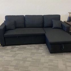 Black Linen Sectional  Sofa Pull-out  Bed 