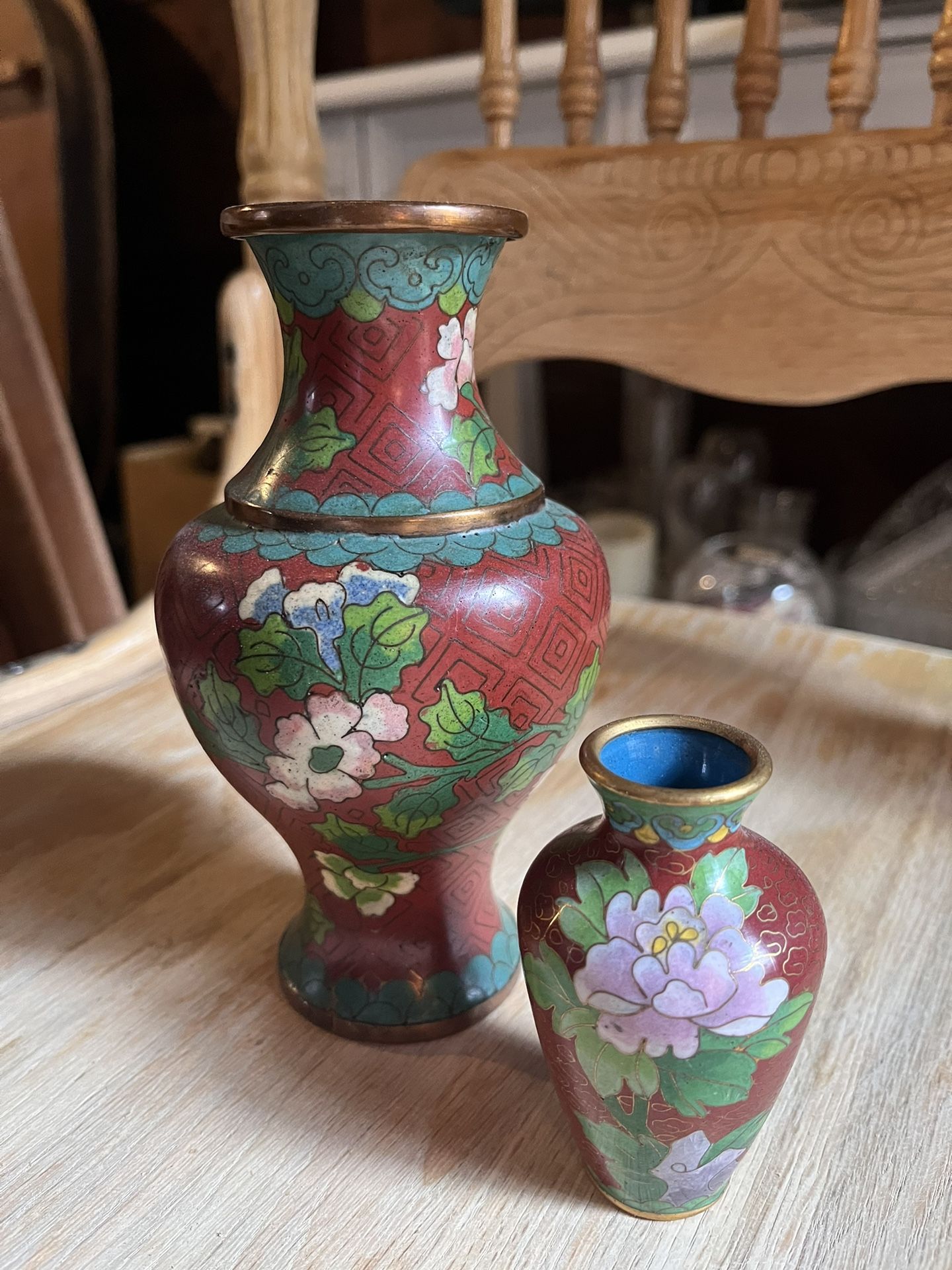 Vintage Cloisonné Peony Flower Vases