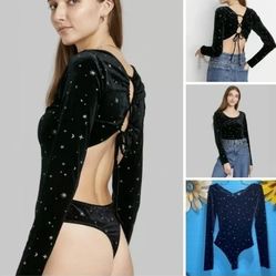 Stars Moon Black Velour Velvet Galaxy Wild Fable Long Sleeve Open Back Bodysuit

