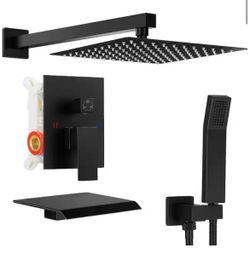 Double Handle 3-Spray Tub and Shower Faucet Shower Combo 12 in. Shower Head 2.5 GPM in Matte Black Valve Included @E1-663