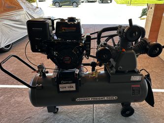 Powerful Johnny Freight Tools air compressor, 30 gallon electric start. Has a Loncin 420cc gasoline engine. Comes with a 12V 18A MightyMax battery. On