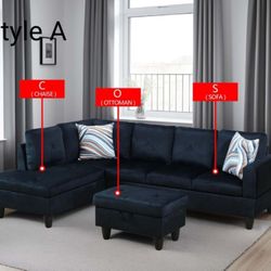 Midnight Blue Microfiber 3pc Sofa Set With Ottoman 