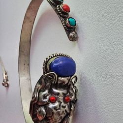 Vintage Tibetan Silver Dragon Bangle Coral Lapis & Turquoise