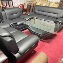 New Black Leather 3pcs Sofa Set 