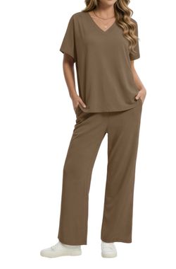 Cozy V-Neck, Wide-Leg lounge Set in Dark Khaki - 2XL