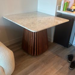 Rove Concepts Marble Dining Table – Modern Wood Slat Base