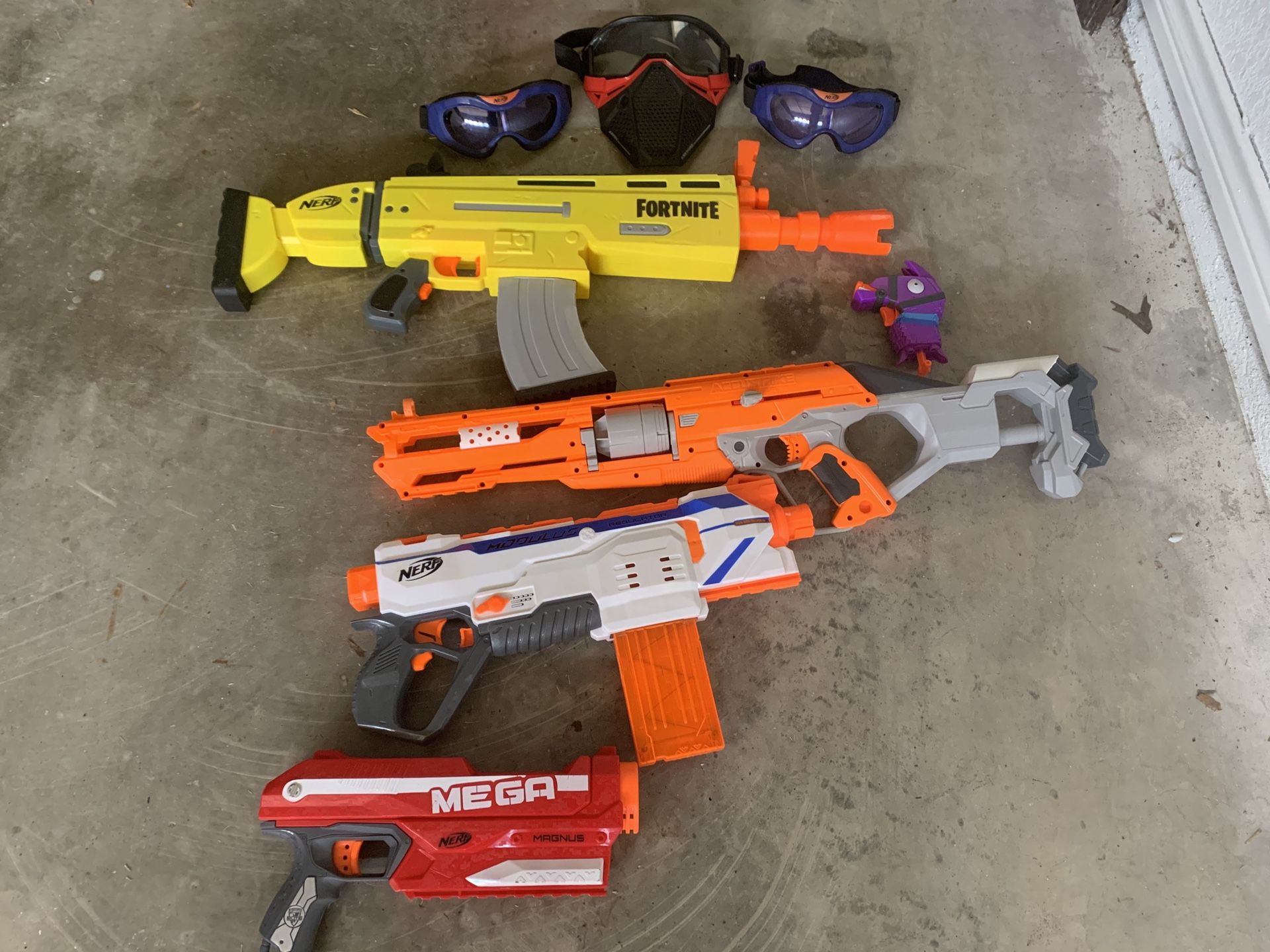 Lot of Nerf/Fortnite play guns and face protection