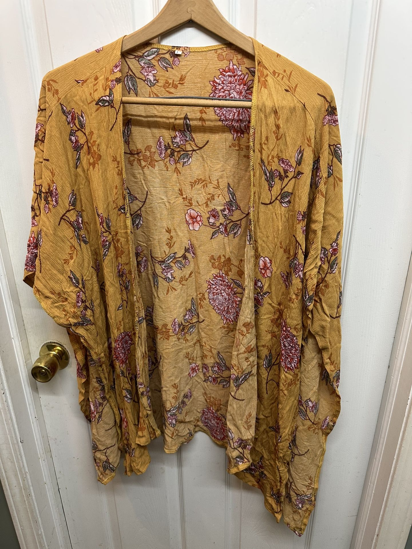 Kimono Style Wrap Mustard Yellow Multicolor Floral Size L Good Condition