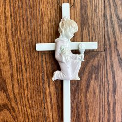 VTG First Communion, Cross Girl Praying Porcelain Wall Plaque Rr Roman 7 1/2 Japan