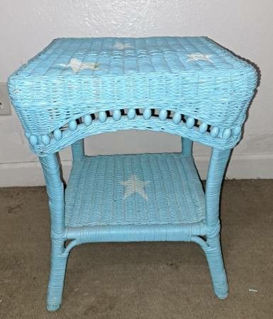 Wicker side table! Teal blue w/ stars! Vintage! 