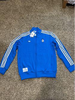 Brand New Adidas Real Madrid Terrace Icons Track Jacket Large Blue Stripe 80$ Firm retails at 110+Tax