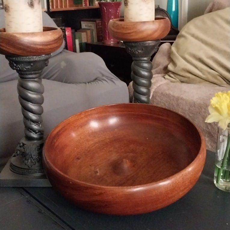 Boho Style Wooden Bowl And Matching Candle Holders