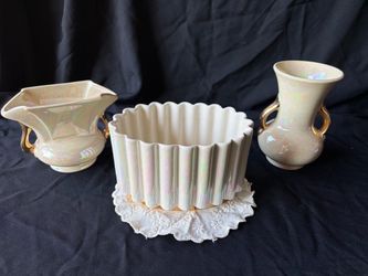3 pieces- opal iridescent vases/ planter