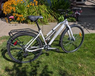 White bicycle with rack