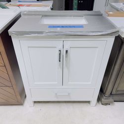 ‼️ Brand New 30 in. W x 22 in. D Single Sink Bath Vanity in White with Gray Marble Top $439 