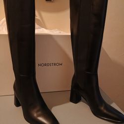 Black Leather Chelsea Knee High Boots, Stacked Heel, New in Box, Size 8