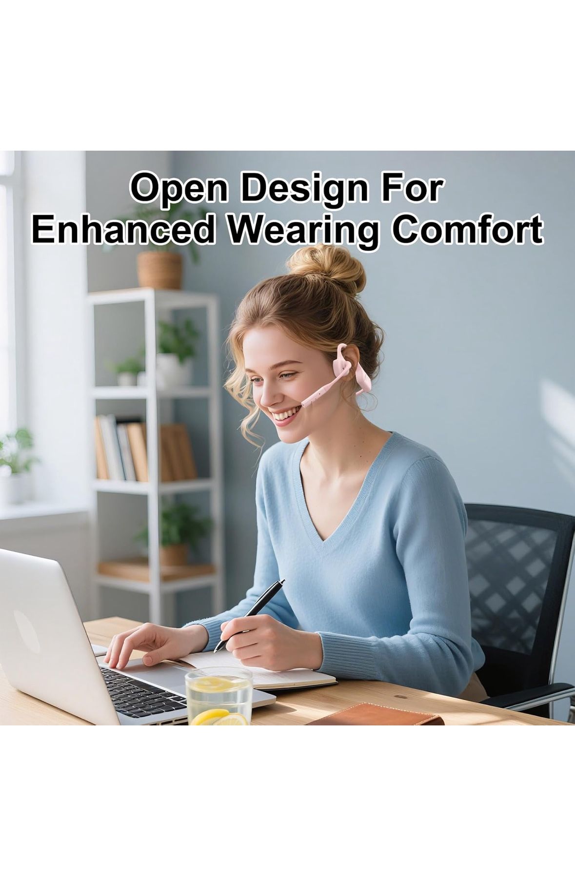 Open Ear Bluetooth Headphones with Microphone, Noise Cancelling Wireless Headset with Mute Button, Supports aptX/aptX-LL/aptX-HD, Designed for Meeting
