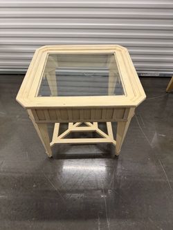 Cream Wood End Table with Glass Top