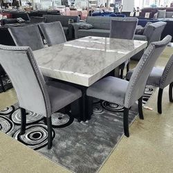 New/ Gray 7-piece Faux Marble Dining Set,table,chairs,comedor/Delivery Available, Financing Options