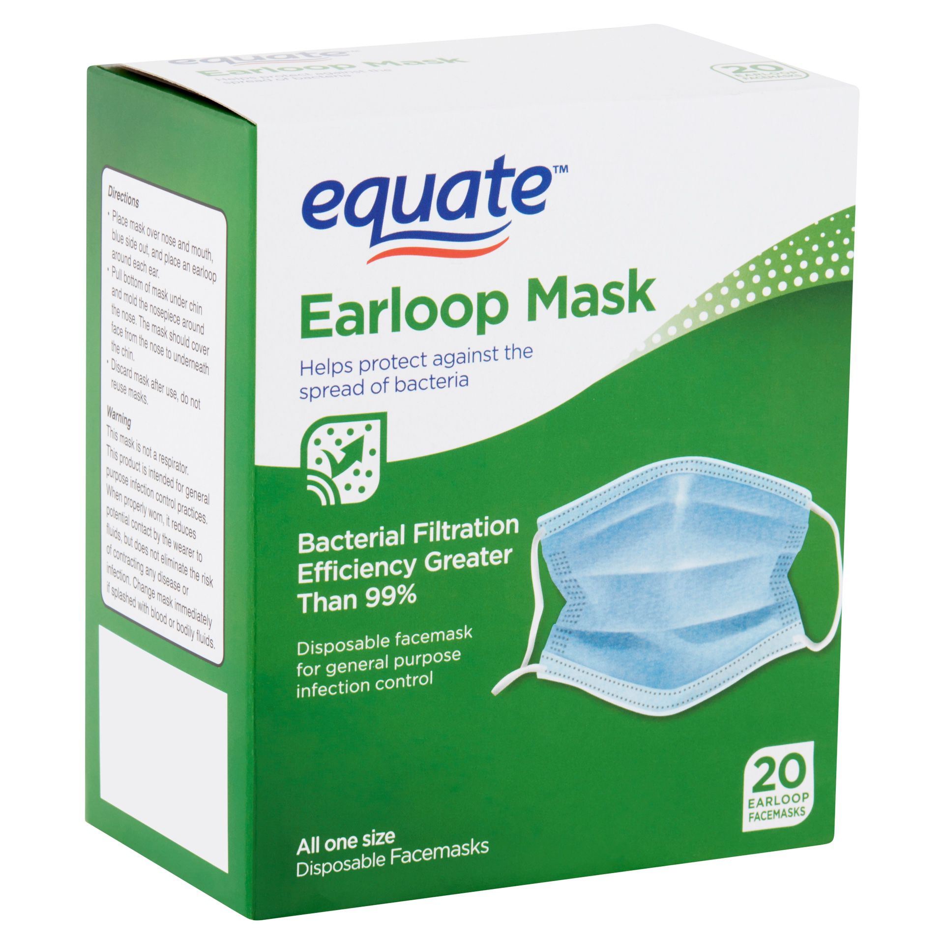 A box of 20 ear loop disposable face masks. Protect yourself from flu, bacteria, dust and pollen