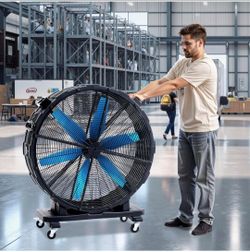 48 Inch Industrial Drum Fan, 750W High Velocity Plastic Floor Fan with Wheels and 3 Speeds, Strong Airflow for Commercial Space, Garage, Workshop, War