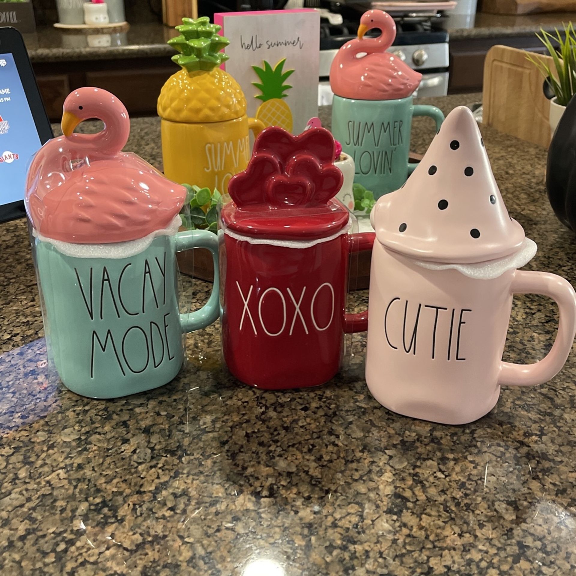 Rae Dunn Mugs With Toppers 