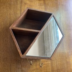 Hexagon Wall Shelf with Mirror & Hooks – Wood Hanging Organizer