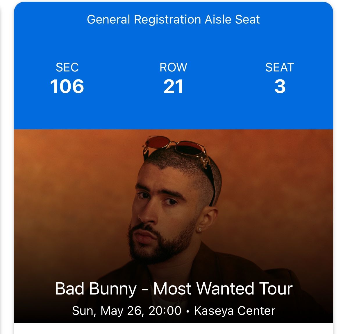 2 LOWER LEVEL Tickets Bad Bunny Concert 5/26 Sunday