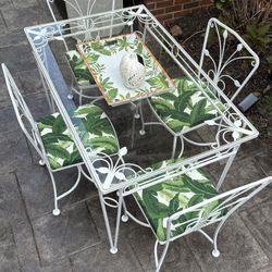 MCM Salterini Wrought Iron Glass Top Table With Five Chairs - Like New