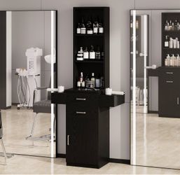 Salon Station for Hair Stylist, White Barber Hair Salon Station Beauty Salon Spa Equipment with 2 Drawers & 1 Storage Cabinet, 3 Open Display Shelves,
