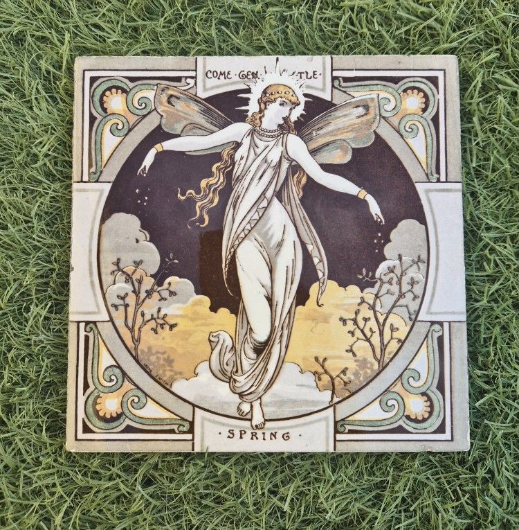 Antique 1880s English Minton Tile Four Seasons Spring by John Moyr Smith 6 Inches