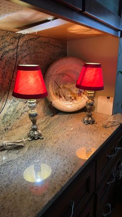 Pair Of Vintage Gilded Brass Table Lamp With Fabric Shades
