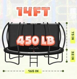 New 14FT Outdoor Recreational Trampoline with Enclosure Net, Bolt-Free Design Yard Trampoline with Wide Ladder and AntiRust Coating, 2 in 1 Connector 