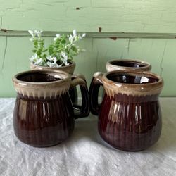 4 Brown VTG Stoneware Drip Glazed Coffee Mugs D Handles 5" Handmade Pottery 