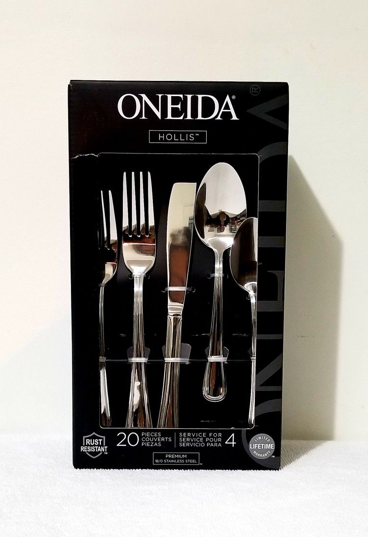 NEW IN BOX ONEIDA HOLLIS-Pattern 20pc Stainless Steel Flatware Set Service For 4