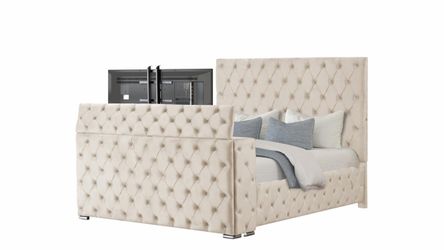 Velvet bed frame with decorative fire place and tv insert . King is extra 100 ! Limited stock