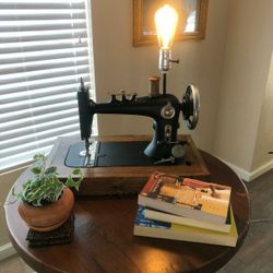 Custom made Antique Sewing Machine Table Lamp with wood Base.  