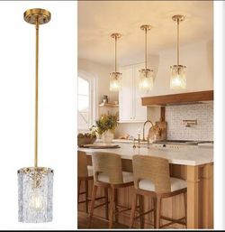 3 Pack Brushed Gold Pendant Light for Kitchen Island, Hand-Made Water Ripple Glass Chandelier, Luxury Modern Brass Adjustable Hanging Ceiling Light