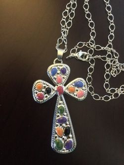 Large cross pendant & silver rolo chain 24"inch / Silver plated jewelry 💙🦋💙