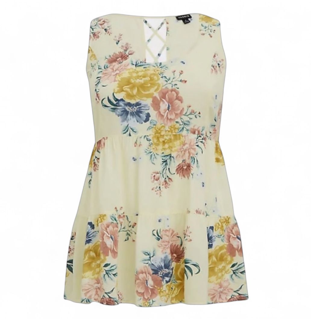 Torrid Pastel Yellow Challis Floral Tiered Lattice Back Tunic Tank Top