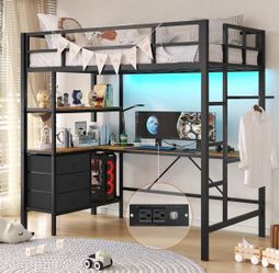New -Twin Loft Bed with L-Shaped Desk, LED Lights,Charging Station LED Metal Kids Loft Bed Twin Size with 3 Storage Shelves and 3 Fabric Drawers, Safe
