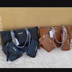 Time and Tru Women's 3-Piece Handbag Set Woven Black and Brown Color