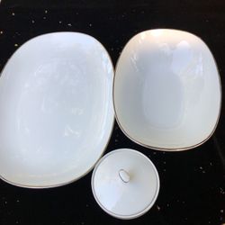 Noritake Japan Fremont 6127 Vegetable Serving Bowl , 13” Elongated Serving Platter and Sugar Bowl