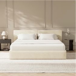King Size Cream Upholstered Platform Bed Frame
